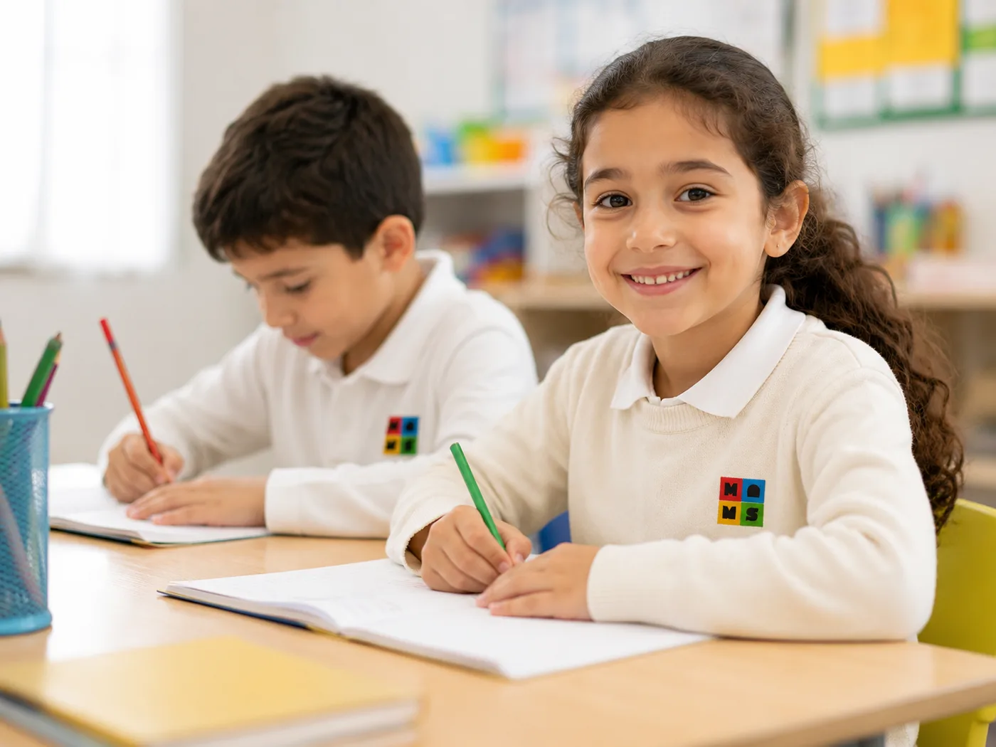 Deux élèves en travail écrit, en classe