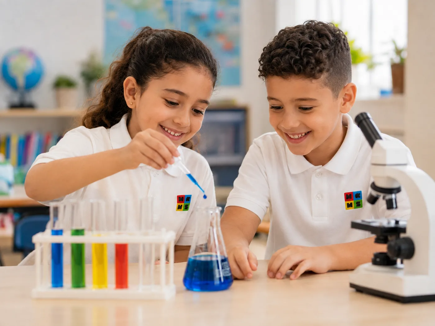 Expérience de sciences avec éprouvettes et microscope